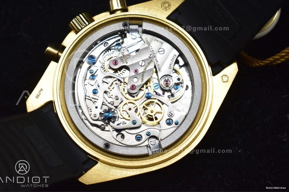 HighQuality RMF Edition in Moonshine Best Strap YG Dial Gold Black Rubber Moonwatch Speedmaster 456 on YG Manual Chrono 0216